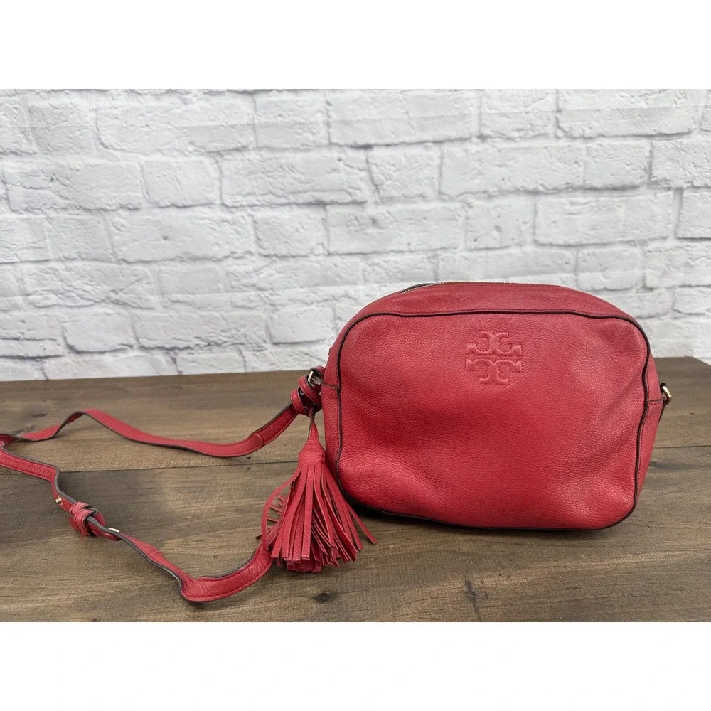 Tory Burch Thea Camera Bag Burgundy Red Pebbled‎ Leather Crossbody Tassel Purse
